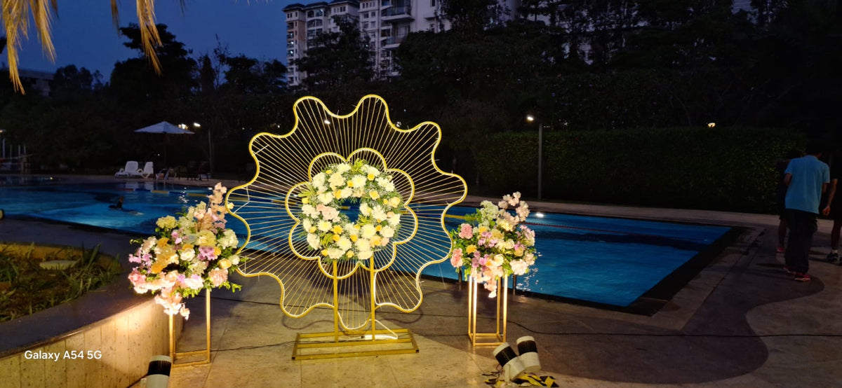 Golden Floral Poolside Engagement Setup - engagement decoration in Bangalore | Woogle